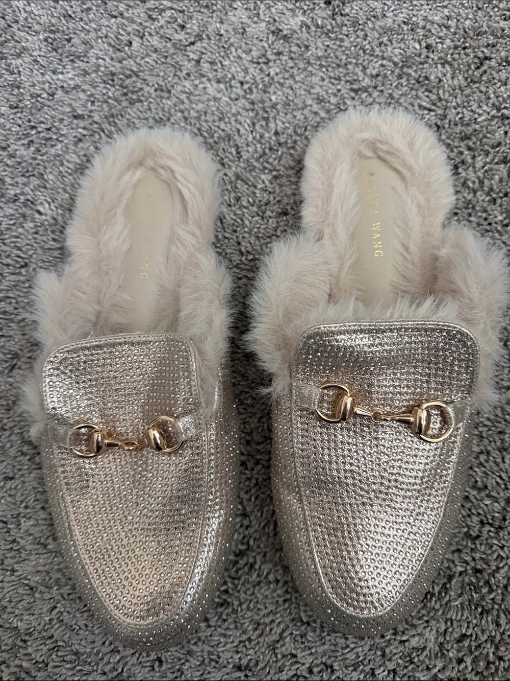Adrienne Sparkling Gold Faux-Fur Backless Loafers